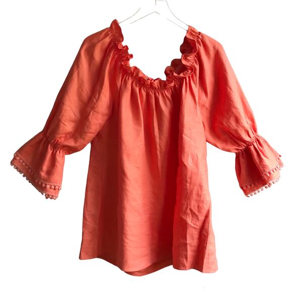 Paris Susan Sutherland Linen Blouse XL Coral Embroidered - Picture 16 of 16
